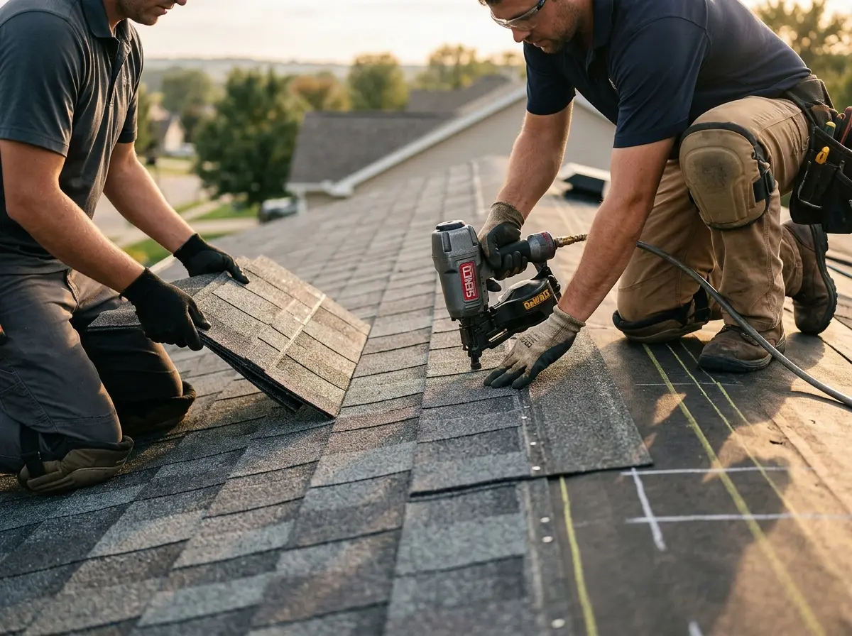 Professional roofer working on a residential roof in Maumelle